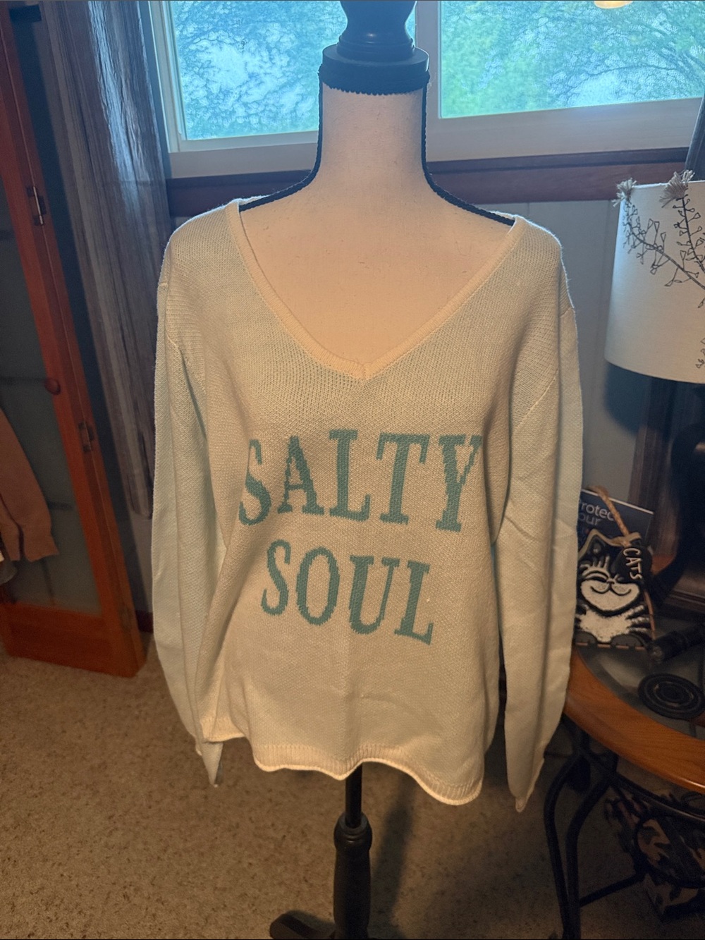 NWT Maurice’s Salty Soul V-Neck Women's Sweater - Cream with Teal Lettering